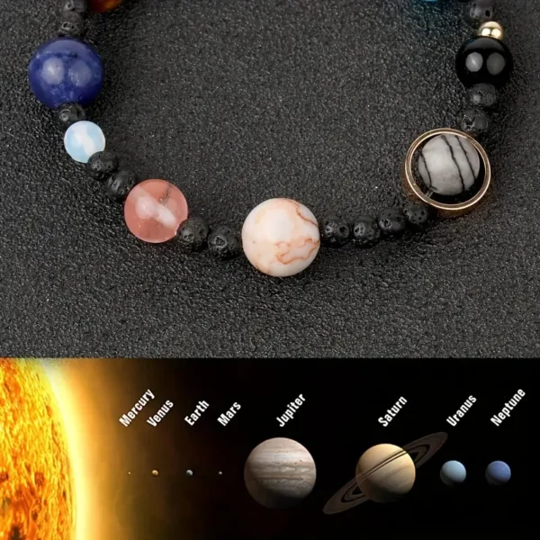 Pulsera de piedras que representan a cada uno de los planetas del sistema solar, desde Mercurio hasta Urano