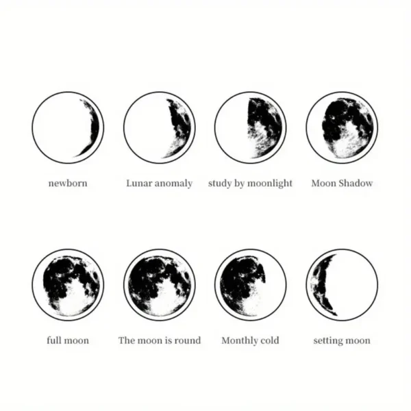 8 Sellos de Goma y Madera que representan las Fases Lunares, ideal para manualidades y decoración de textos, excelente calidad