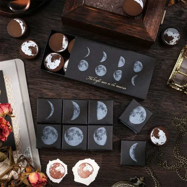 8 Sellos de Goma y Madera que representan las Fases Lunares, ideal para manualidades y decoración de textos, excelente calidad